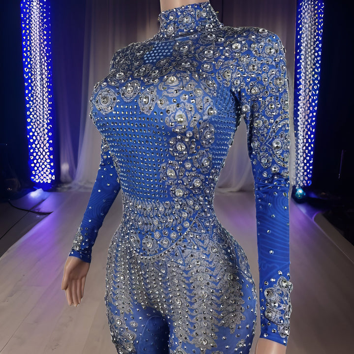 Empire Blue Rhinestone Luxury Bodysuit / Diamond Jumpsuit / Festival Outfit / Crystal Catsuit / Burning Man Performer Aerial Costume