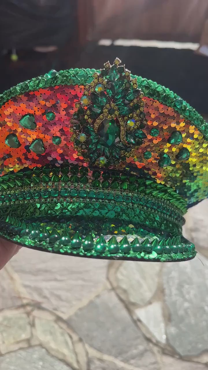 Green and Gold Saint Patricks Day Rhinestone Hat, Party Captain Hat, Rainbow Sequin Festival Hat, Rave Hat, Birthday Hat, Custom Word Hat