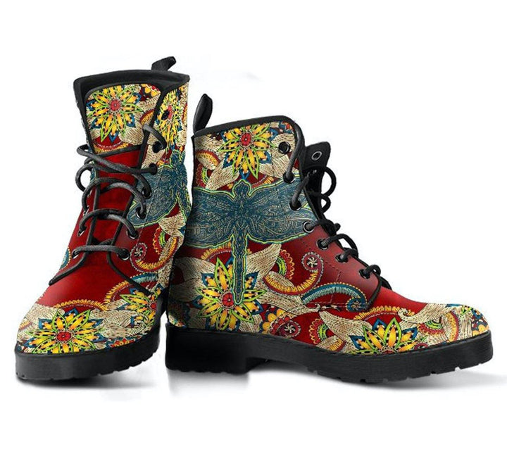 Red Floral Dragonfly Vegan Leather Boots - Manifestie