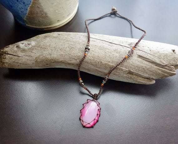 Pink Agate Macrame Necklace | Stone of Protection | Micro-Macrame | Unisex, Healing Crystal Jewelry - Manifestie