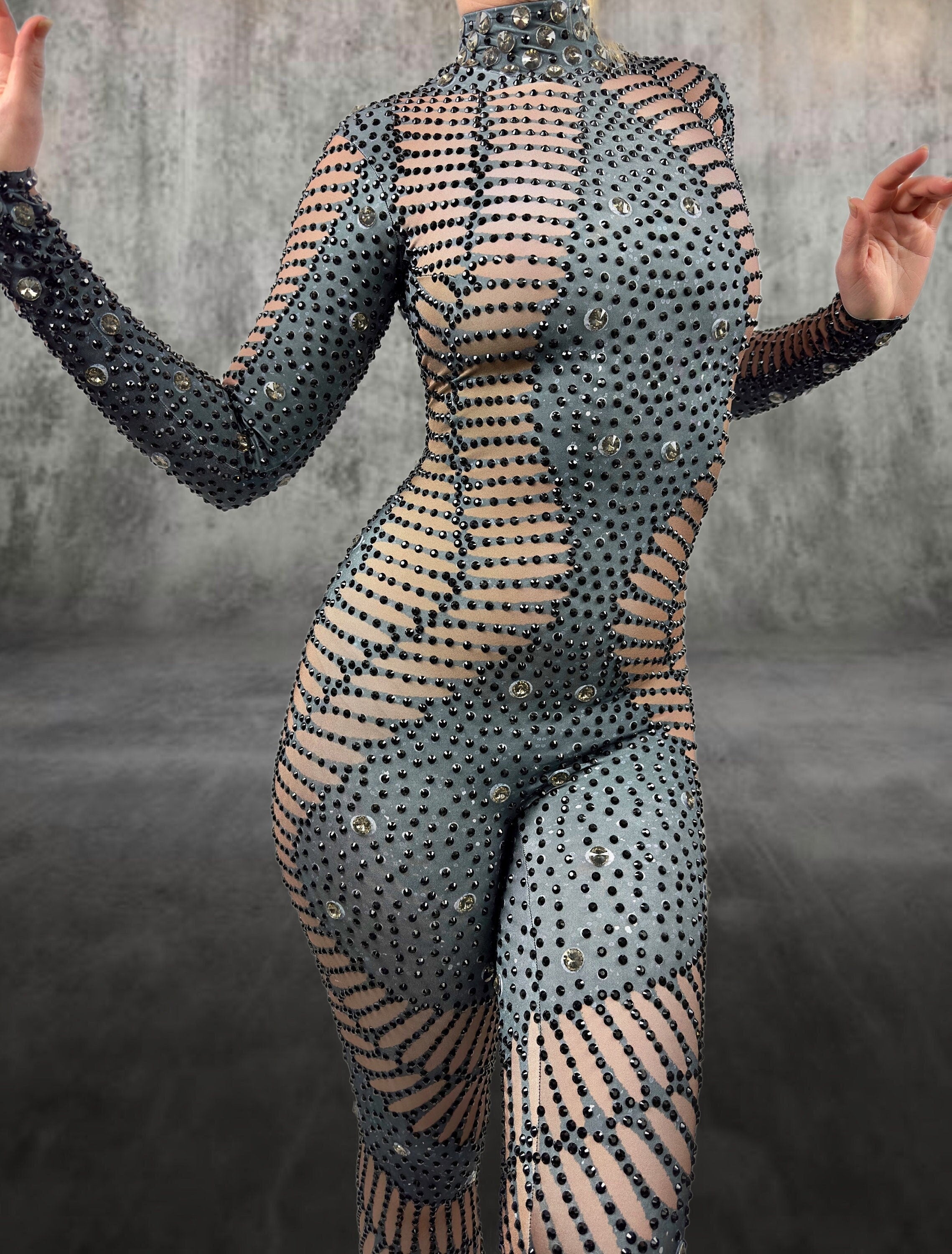 Kira Rhinestone Jumpsuit / Black Diamond Bodysuit / Festival Nude